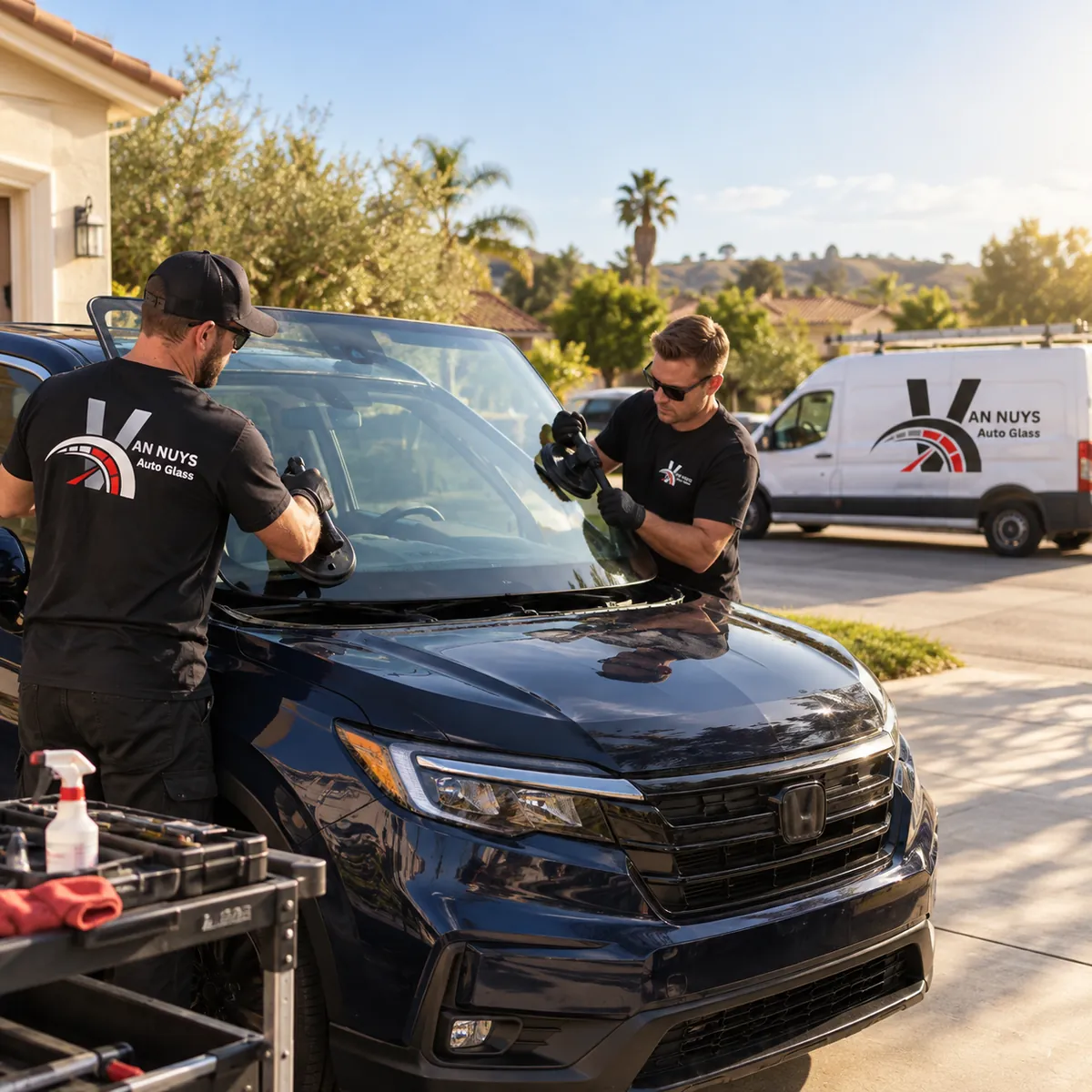 Two Van Nuys Auto Glass technicians working on a vehicle's windshield beside a service van