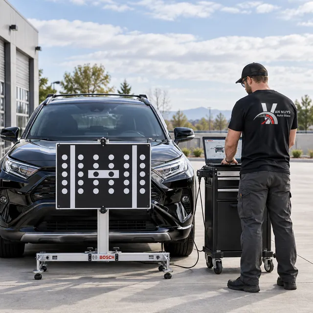 Technician calibrating a vehicle's driver assistance camera with an ADAS target board